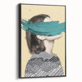Abstract figurative framed canvas artwork with a black border, showcasing vibrant colors and unique shapes, ideal for modern home decor or artistic spaces.