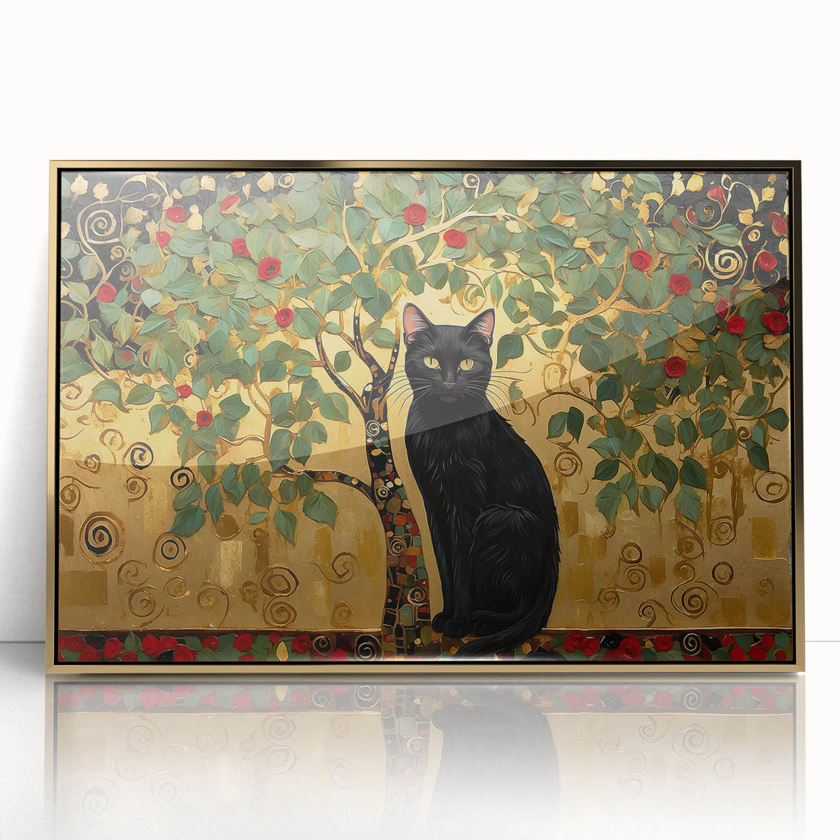 Framed acrylic wall art showcasing an abstract floral design in vibrant colors, accented with gold details, perfect for modern home decor.