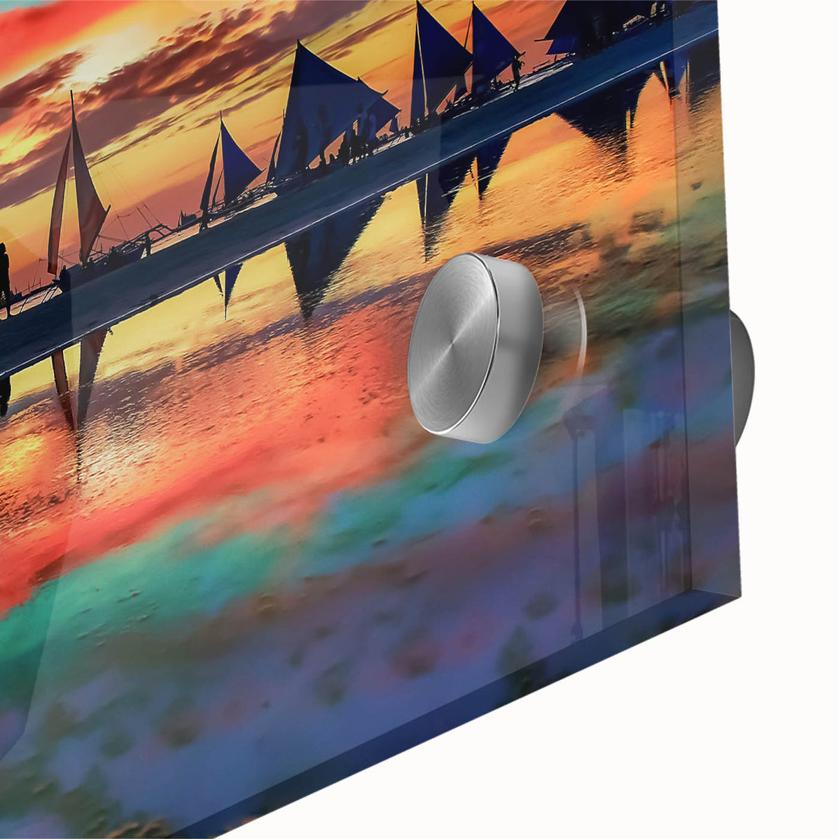 Close-up of vibrant abstract landscape wall art featuring bold colors and intricate textures, designed for modern home decor, printed on acrylic glass for a sleek finish.