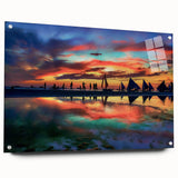 Abstract landscape wall art displayed in acrylic glass, highlighting vibrant colors and intricate patterns. Features a side view showcasing mounting pins for easy installation, perfect for modern decor.