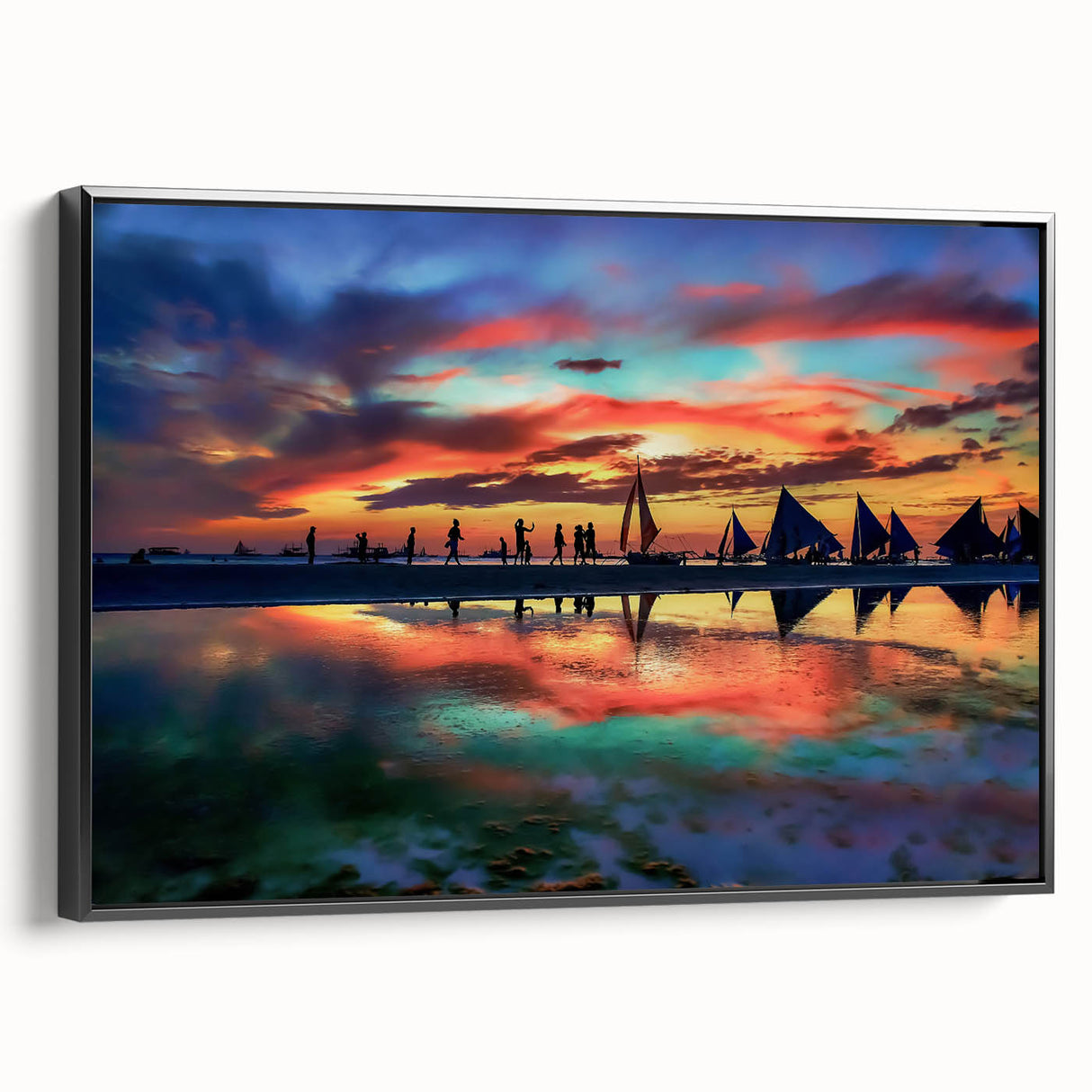 Framed abstract landscape wall art in black, showcasing vibrant colors and dynamic shapes, perfect for modern home decor. Side view highlights the frame's sleek design.