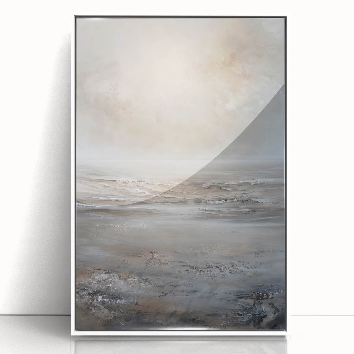 Framed abstract landscape wall art in a white frame, showcasing vibrant colors and fluid shapes, perfect for modern home decor, enhancing living spaces.