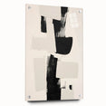 Abstract minimalist wall art featuring fluid shapes in muted tones of blue and beige, presented in a sleek acrylic glass frame, perfect for modern decor.