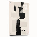 Abstract minimalist wall art featuring fluid shapes in muted tones of blue and beige, presented in a sleek acrylic glass frame, perfect for modern decor.