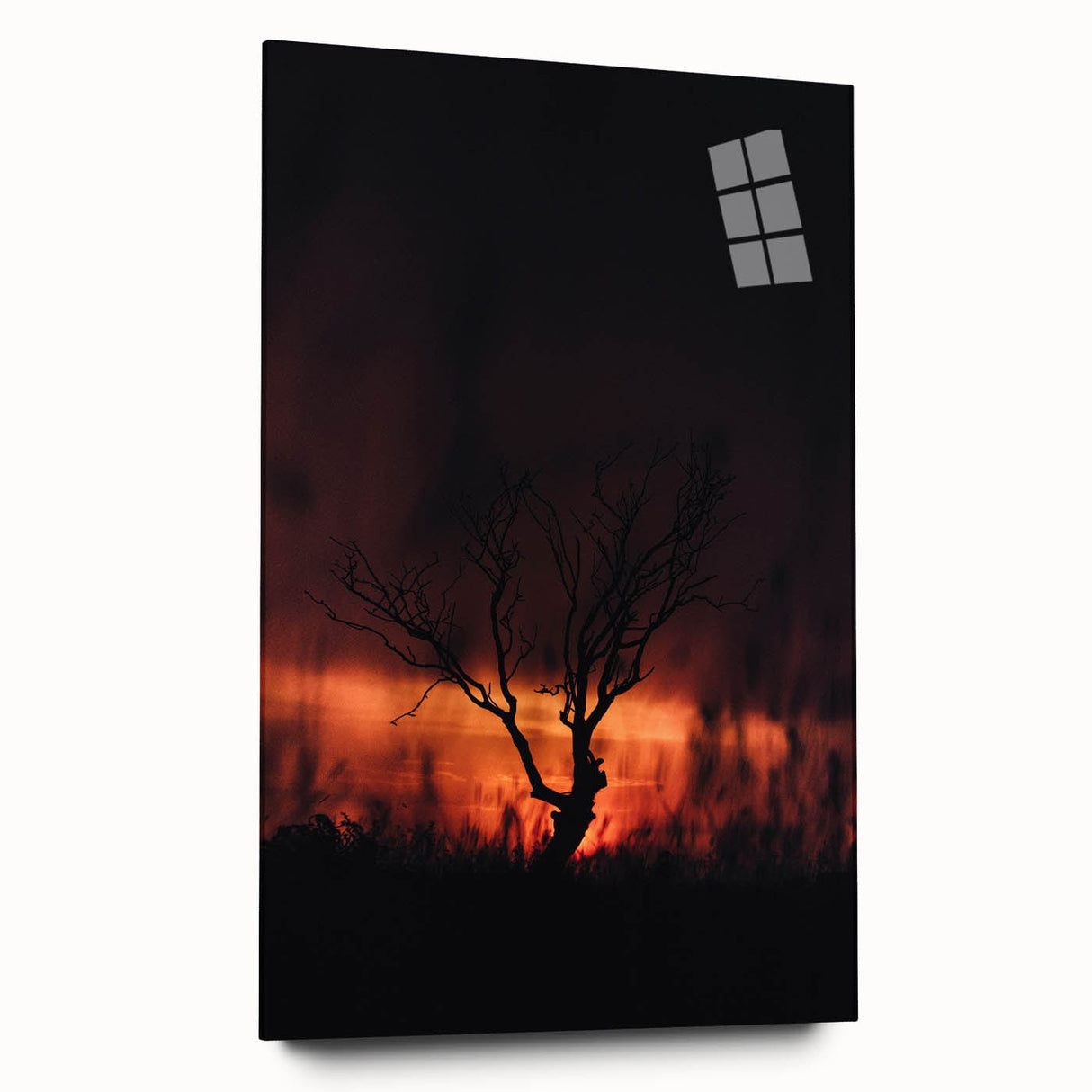 Large abstract wall art on acrylic glass depicting fall scenery in orange and brown tones.