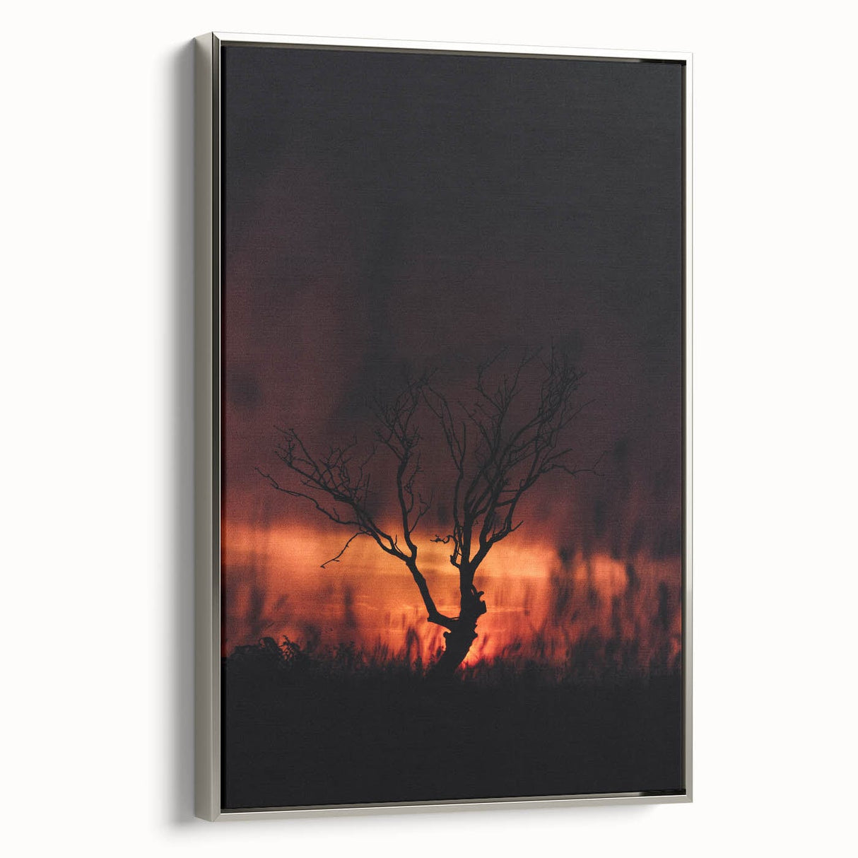 Framed canvas featuring a vintage-style landscape art painting with autumnal trees in vibrant colors on a black background.