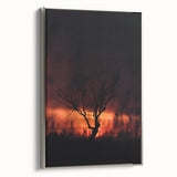 Framed canvas featuring a vintage-style landscape art painting with autumnal trees in vibrant colors on a black background.