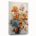 Abstract floral wall art displayed in a side view, featuring vibrant colors and intricate patterns, mounted with pins on a sleek acrylic glass, ideal for modern home decor.