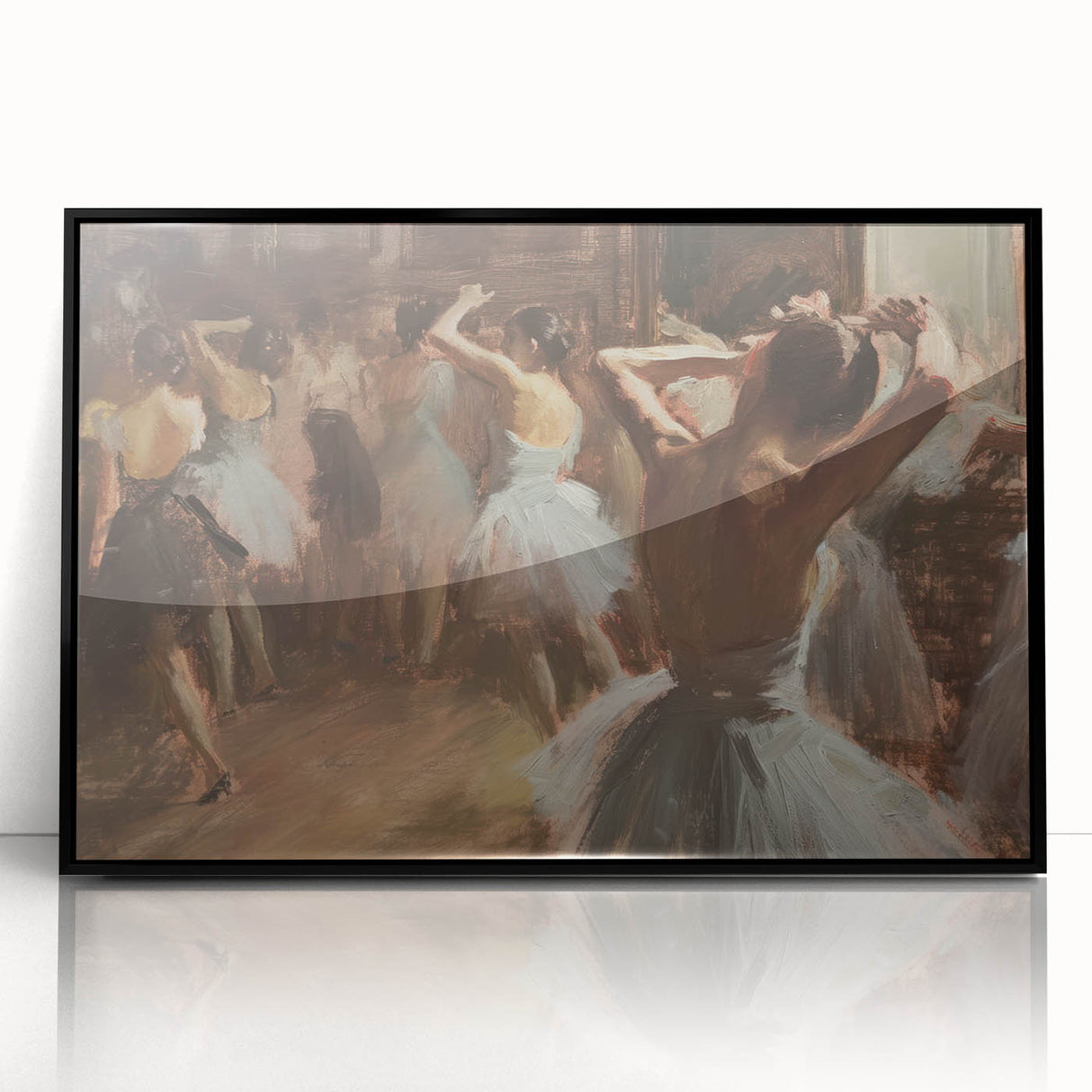 Abstract figurative artwork framed in black acrylic, showcasing vibrant colors and dynamic shapes, perfect for modern home decor and artistic expression.