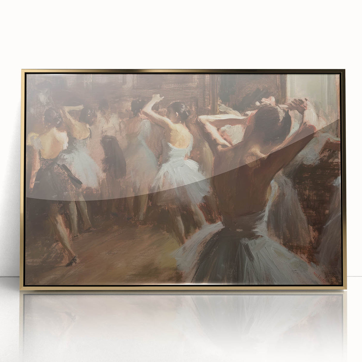 Abstract figurative artwork framed in gold, showcasing vibrant colors and dynamic shapes, perfect for modern decor. Ideal for enhancing living spaces with artistic flair.