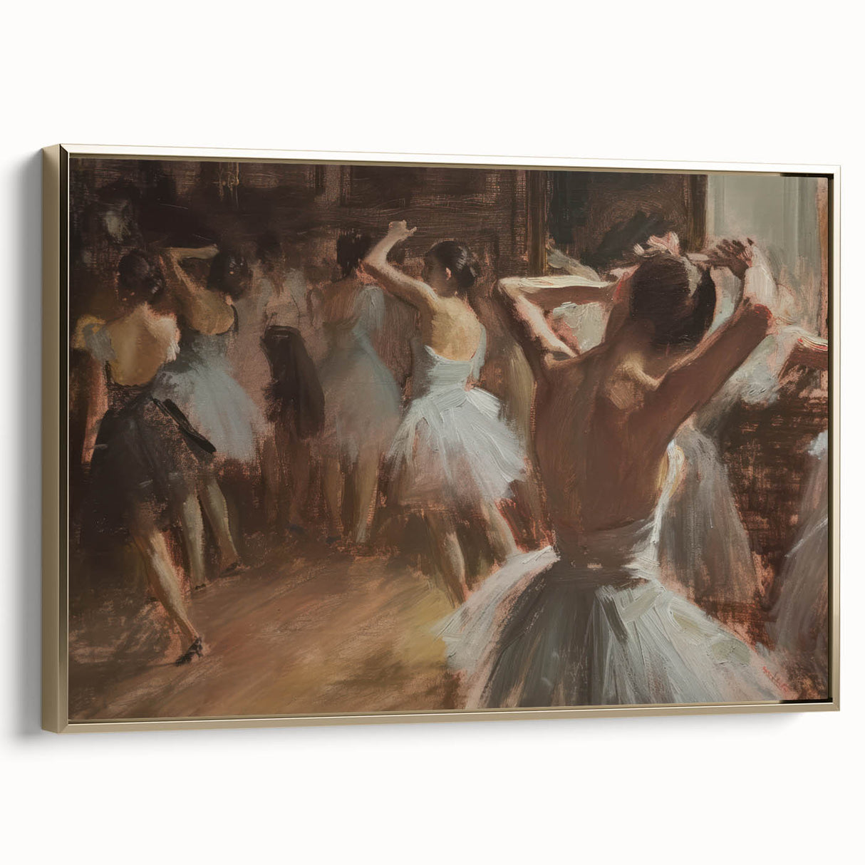 Abstract figurative framed canvas art in gold tones, showcasing a modern design with intricate details, perfect for contemporary home decor.