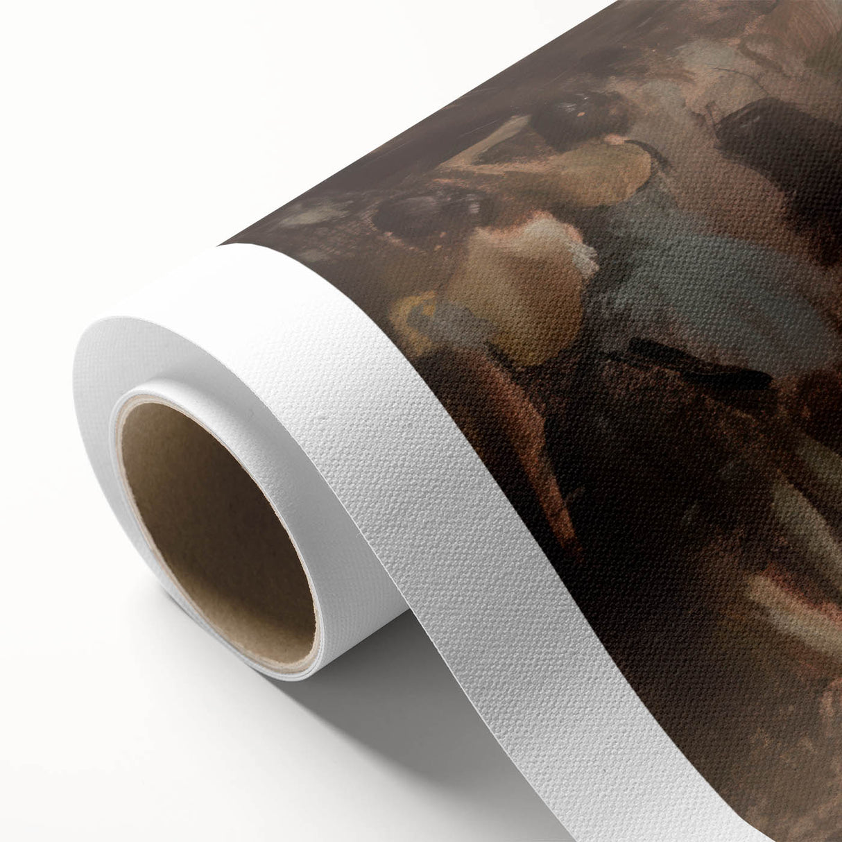 Abstract figurative art print on rolled canvas showcasing vibrant colors and dynamic shapes, housed in a protective cardboard tube for easy storage and display.