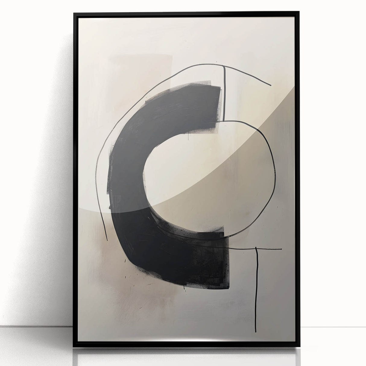 Framed abstract minimalist wall art featuring a sleek black design, displayed from the front, ideal for modern home decor. Perfect for enhancing interior aesthetics.