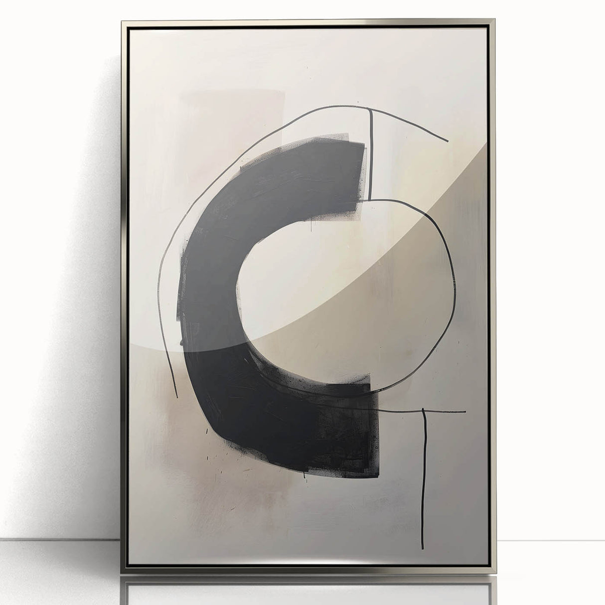 Framed minimalist abstract wall art in silver acrylic, showcasing geometric shapes and soft tones, perfect for modern home decor and elegant interiors.