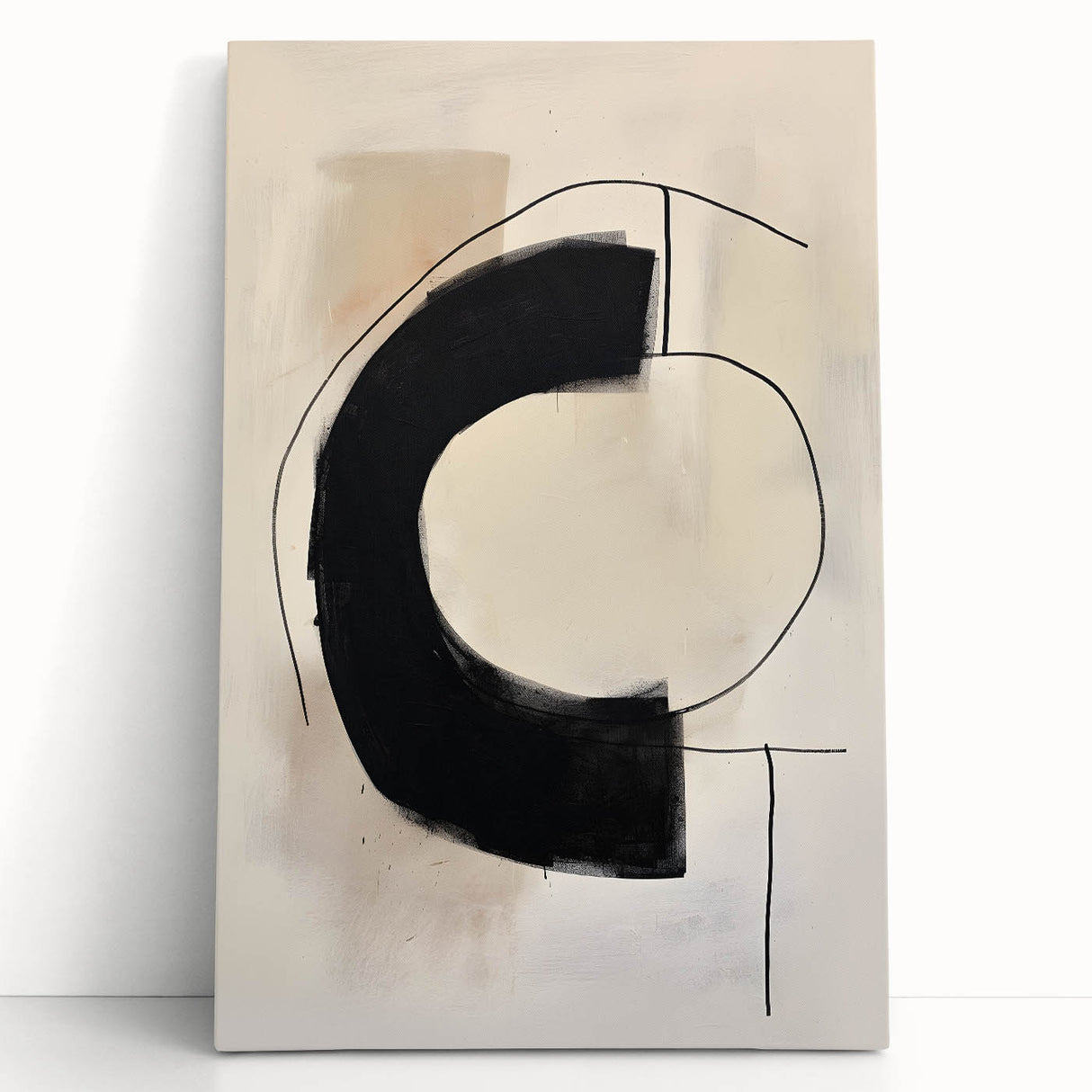 Abstract minimalist wall art on stretched canvas displaying soft pastel colors and geometric shapes, leaning against a neutral wall, adding modern decor to any space.