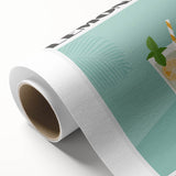 Art deco poster featuring playful food and drink illustrations on a rolled canvas.