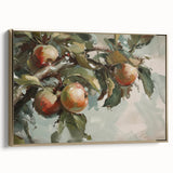 Framed canvas featuring a vintage poster of assorted fruits in black with gold accents, suitable for bedroom wall art.
