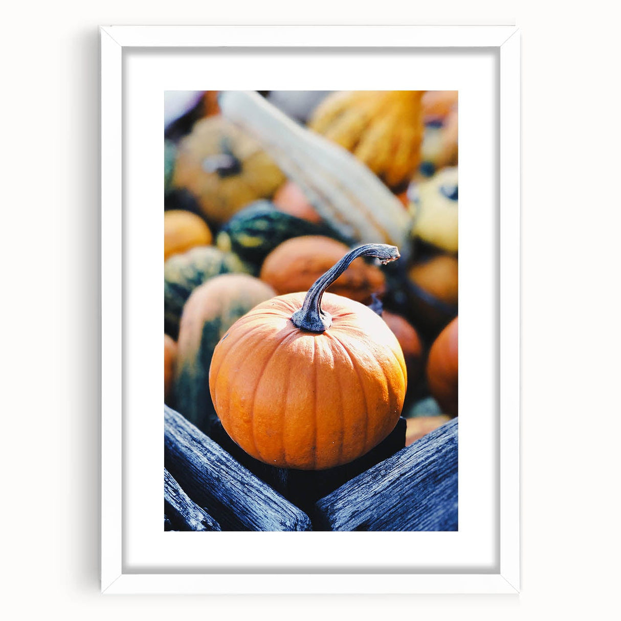 Abstract art print depicting autumnal trees in red and orange hues, framed in white, ideal for dining room decor.