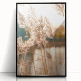 Large abstract wall art depicting a summer scene in mid-century modernist style, vibrant colors on black framed acrylic.