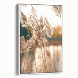 Vintage poster art featuring a colorful summer theme, displayed in a large white-framed canvas.