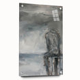 Abstract figurative acrylic artwork displayed on a glass panel, showcasing vibrant colors and intricate details, secured with stylish pins for a modern aesthetic.
