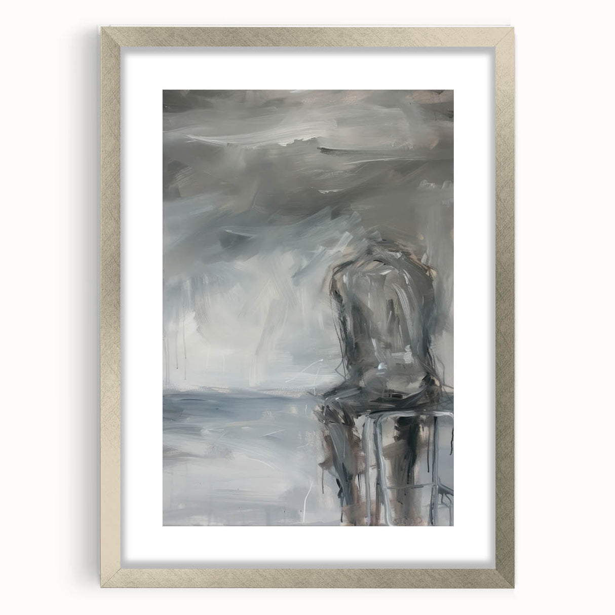 Abstract figurative silver frame with a mat, showcasing a modern art piece that emphasizes geometric shapes and fluid lines, perfect for contemporary decor.
