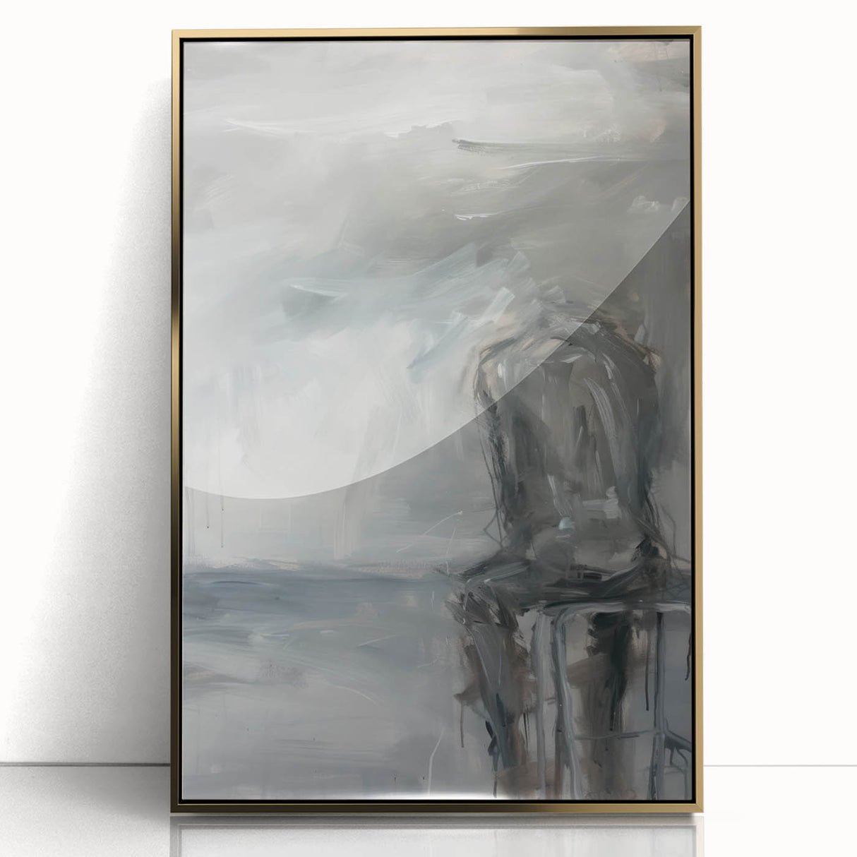 Framed abstract figurative artwork in gold acrylic, showcasing dynamic shapes and vibrant colors, perfect for modern home decor and artistic expression.