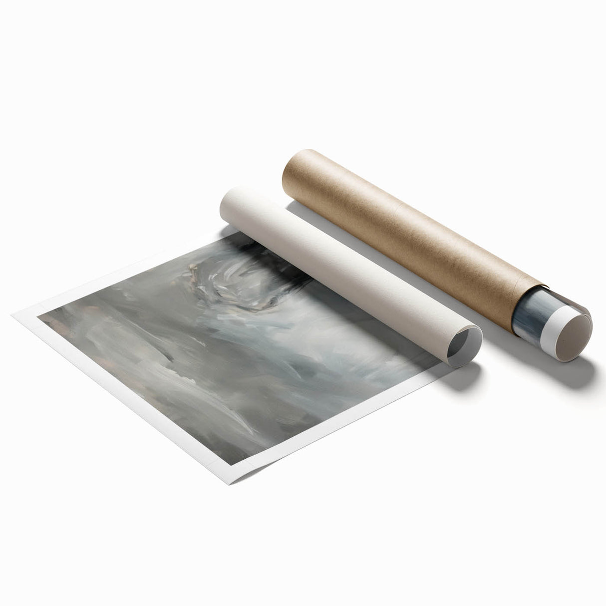 Abstract figurative rolled print showcasing vibrant colors and dynamic shapes, elegantly packaged in a protective cardboard tube for easy display. Ideal for modern home decor.