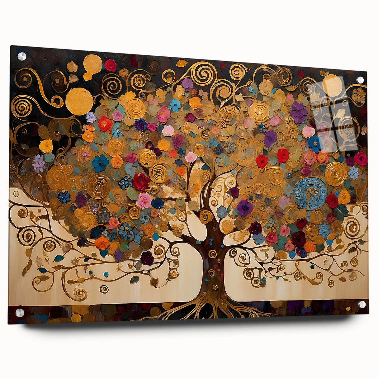 Abstract landscape wall art piece displayed in a side view, showcasing vibrant colors and unique textures against an acrylic glass backdrop, accented with pins for secure mounting. Ideal for modern home decor, this artwork adds a touch of elegance and creativity to any space.