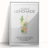 Mid-century modernist art featuring abstract food and drinks, in a white acrylic frame, suitable for nursery wall decor.