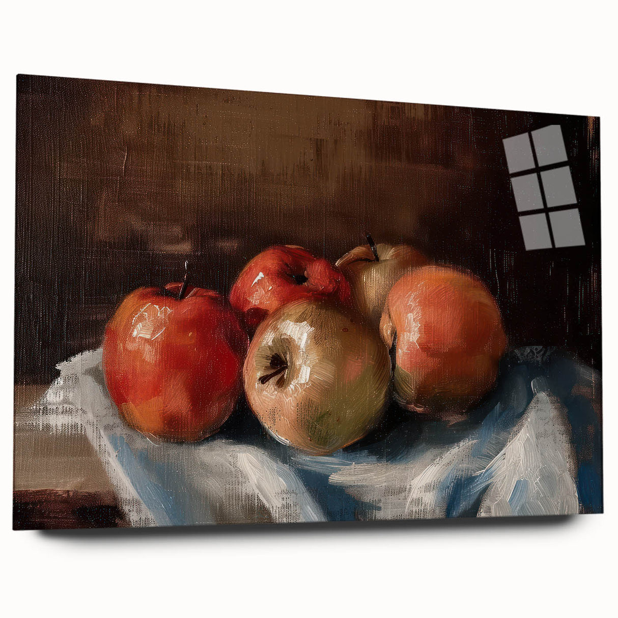 Large abstract wall art featuring assorted fruits in vibrant colors on acrylic glass, ideal for bedroom or dining room decor.