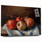 Large abstract wall art featuring assorted fruits in vibrant colors on acrylic glass, ideal for bedroom or dining room decor.