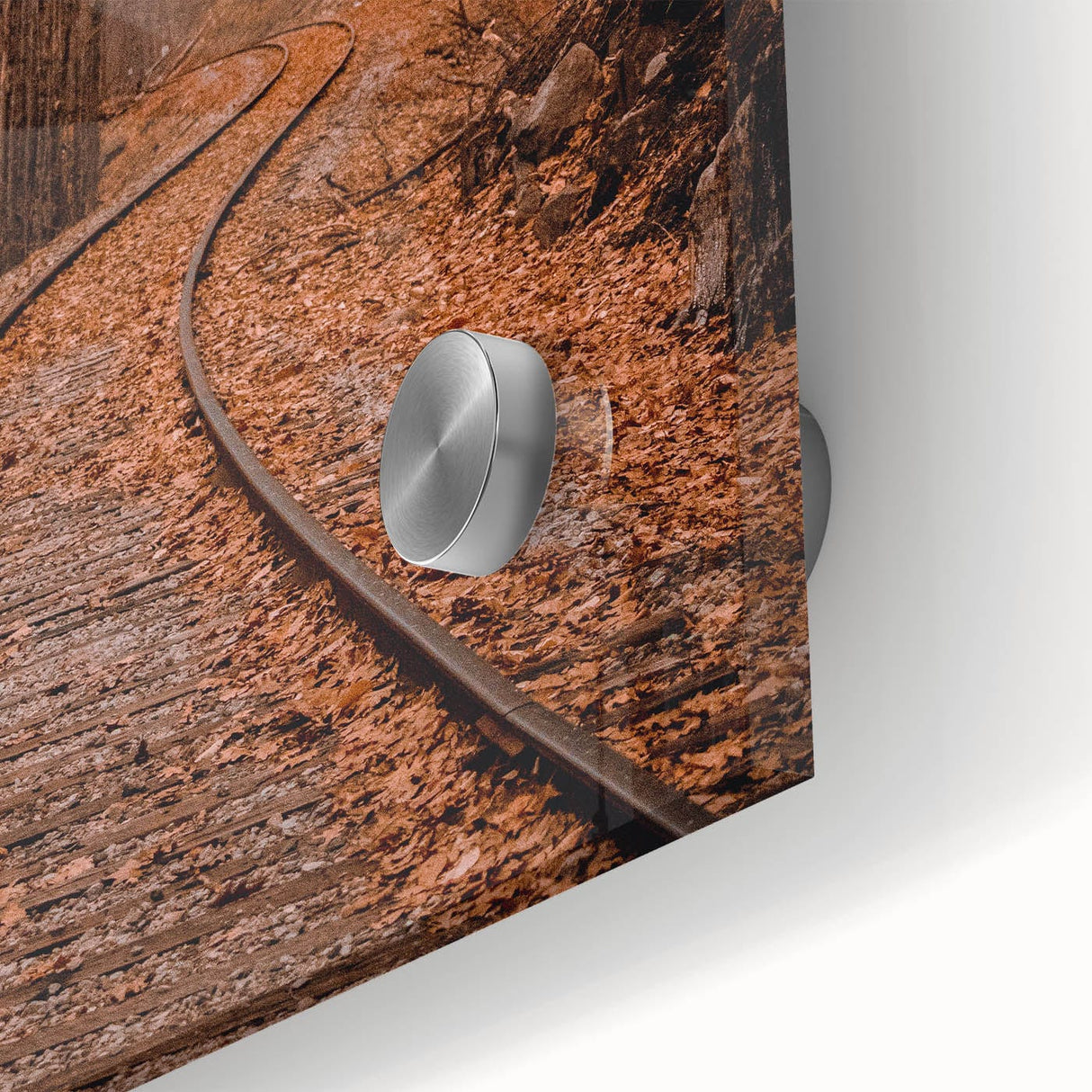 Large abstract wall art depicting autumnal hues on acrylic glass, ideal for dining room art in a mid-century modernist style.