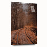 Large abstract wall art in warm autumn hues on acrylic glass, ideal for bedroom or dining room ambiance.