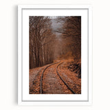 Abstract art print featuring warm autumnal shades on a white framed canvas, ideal for dining room decor.