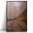 Large abstract wall art with fall-inspired colors in a mid-century modernist style, framed in black acrylic.