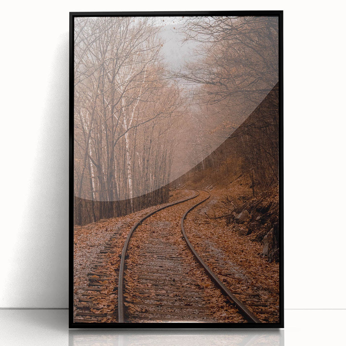 Large abstract wall art with fall-inspired colors in a mid-century modernist style, framed in black acrylic.