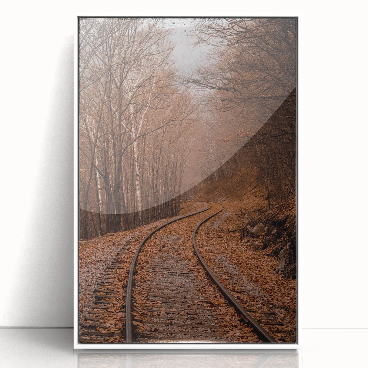 Art deco poster featuring an autumnal scene with orange and brown hues, framed in white acrylic.