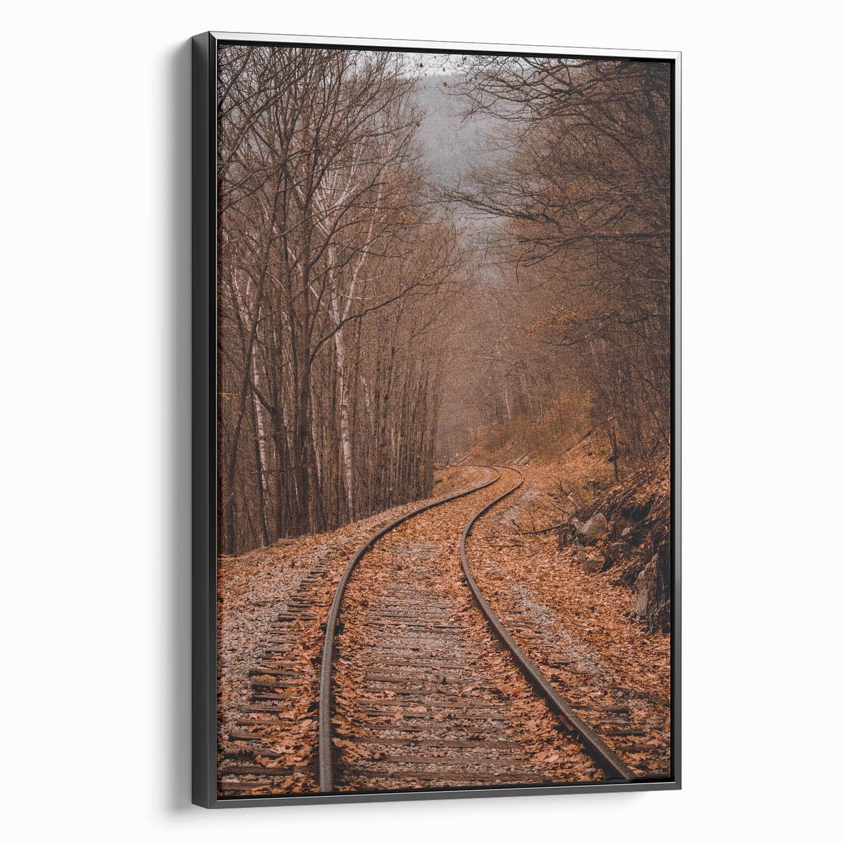 Black and white vintage poster art depicting a fall landscape on framed canvas, ideal for bedroom wall decor.