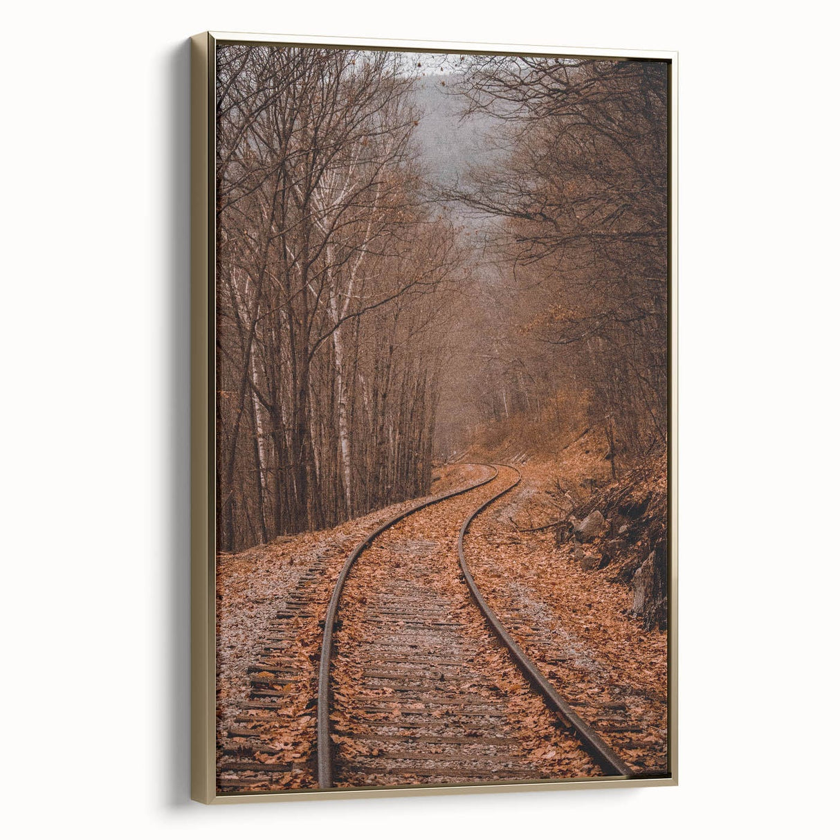 Framed canvas depicting a vintage autumn landscape in muted gold and black tones, ideal for bedroom wall decor.