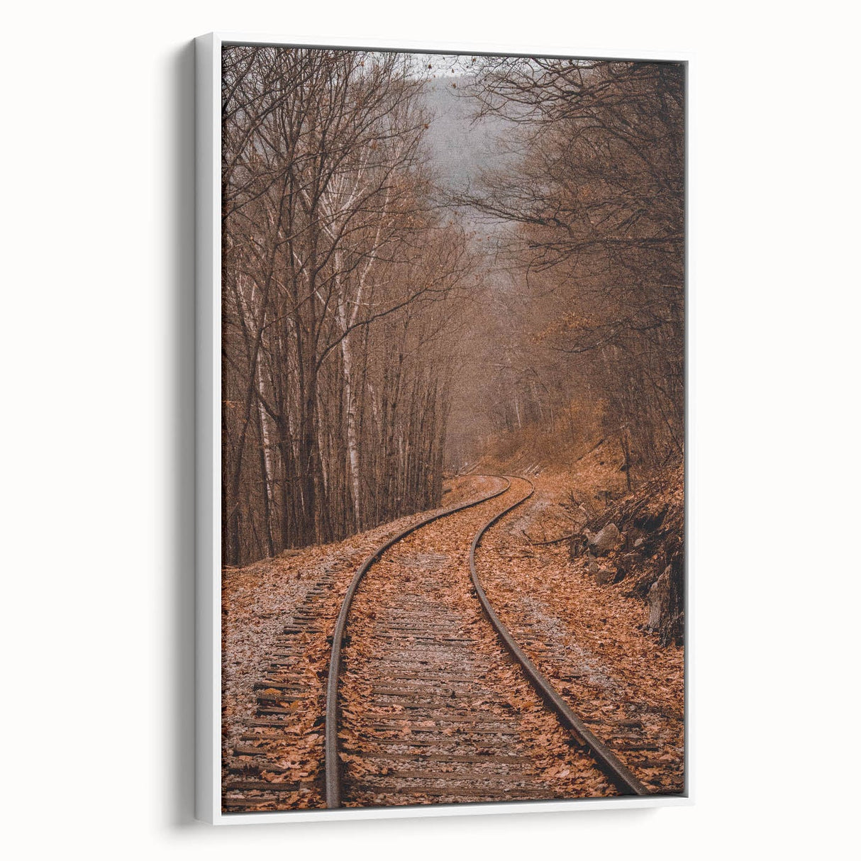 Vintage poster art of an autumnal scene on a framed canvas, featuring a palette of orange and brown.