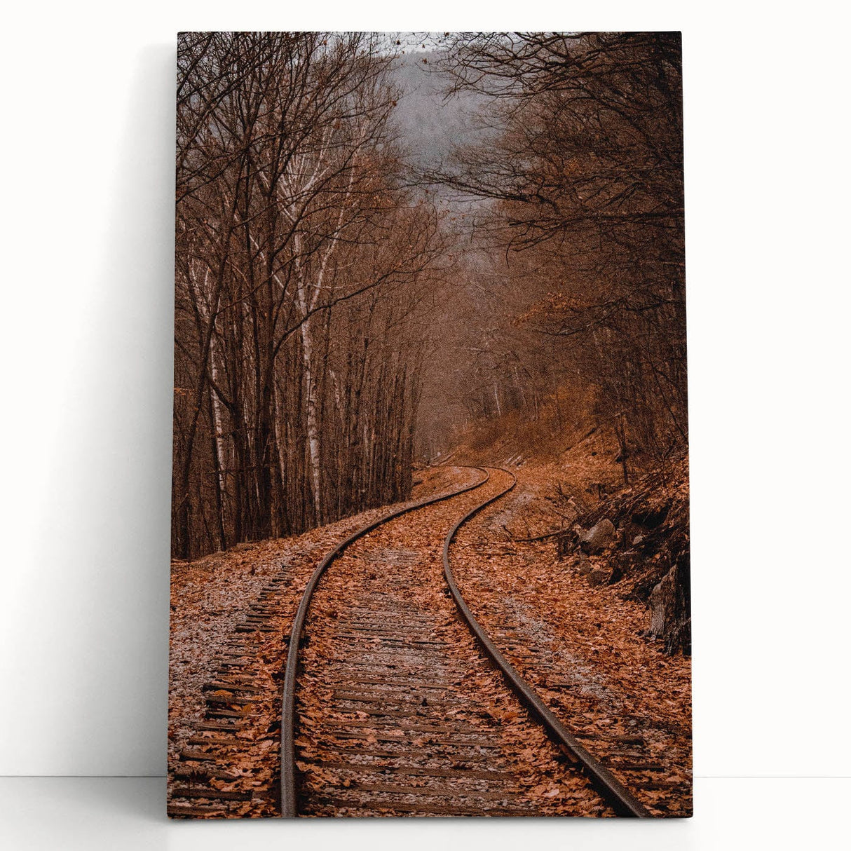 Large black and white stretched canvas depicting a minimalist autumn tree, ideal for kitchen wall art or bedroom ambiance.