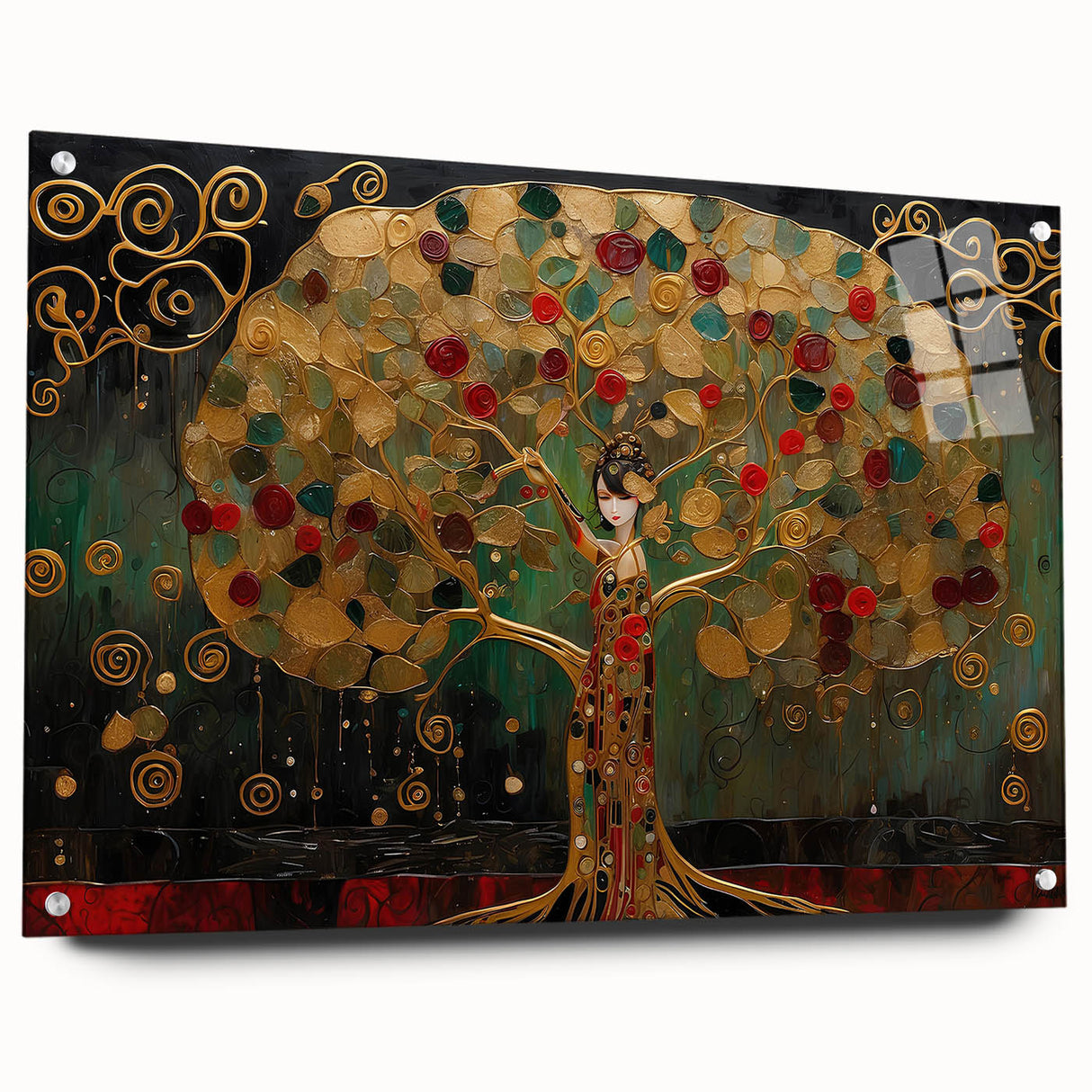 Abstract landscape wall art displayed in a side view, featuring vibrant colors and intricate textures, mounted with pins on a sleek acrylic glass frame, ideal for contemporary decor.