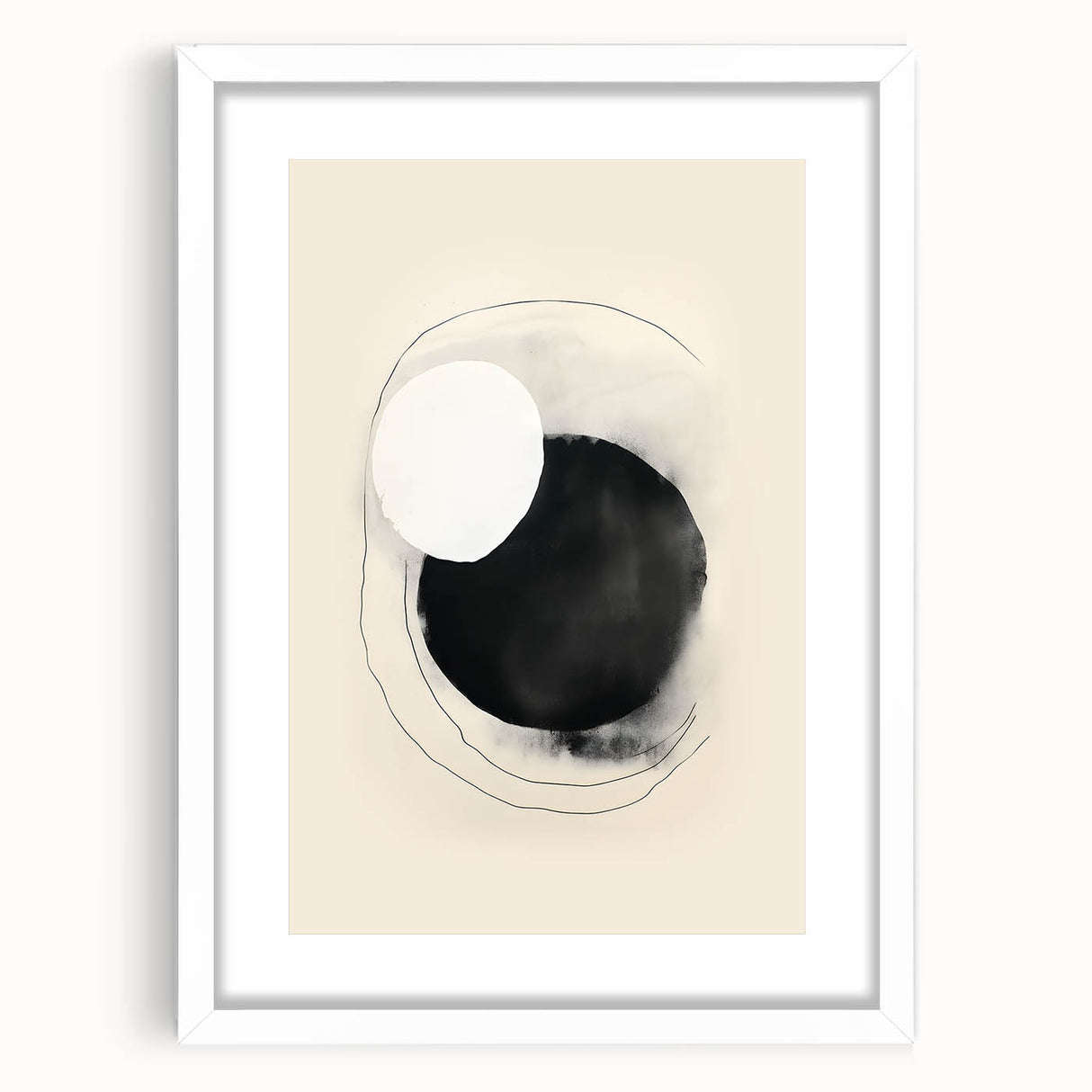 Abstract minimalist wall art featuring geometric shapes in soft pastel colors, framed with a white mat for an elegant presentation, ideal for modern decor.