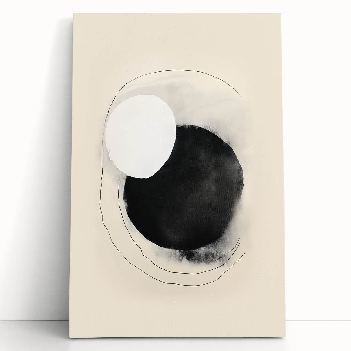 Abstract minimalist wall art on stretched canvas, featuring soft neutral tones and geometric shapes, elegantly leaning against a white wall, perfect for modern decor.