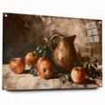 Large abstract wall art featuring assorted fruits in vibrant colors on acrylic glass, ideal for dining room decor.