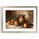 Textured art featuring an abstract design of fruits in muted green and yellow hues, framed with a silver mat.