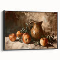 Black and white vintage poster art featuring a landscape of layered fruit illustrations on a framed canvas.