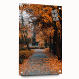 Large abstract wall art depicting autumn colors on acrylic glass, ideal for bedroom or dining room decor.