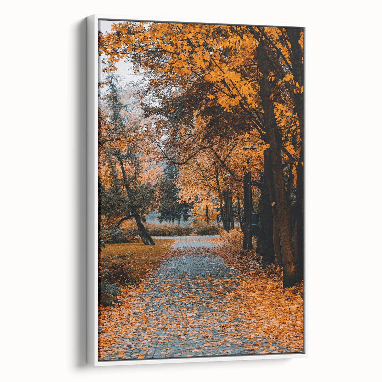 Vintage poster art of an autumn scene on framed canvas, featuring a black background with vibrant red and orange leaves.